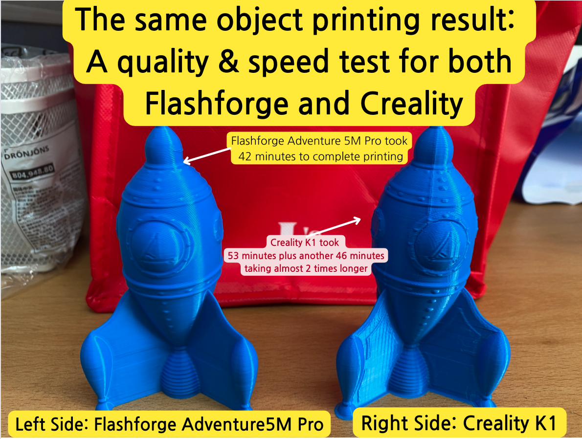 Flashforge Adventurer 5M Pro vs Creality K1 real testing result : Printing quality and Printing speed.